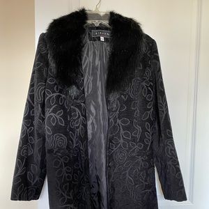 Black embroidered faux fur collar coat